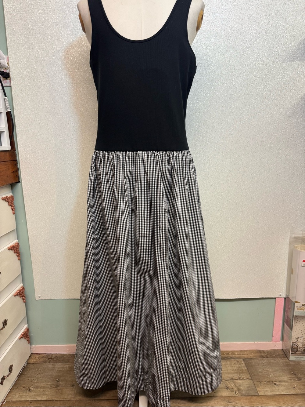GAP Black Tank Bodice Gingham Maxi Dress Sz XL (D-59)